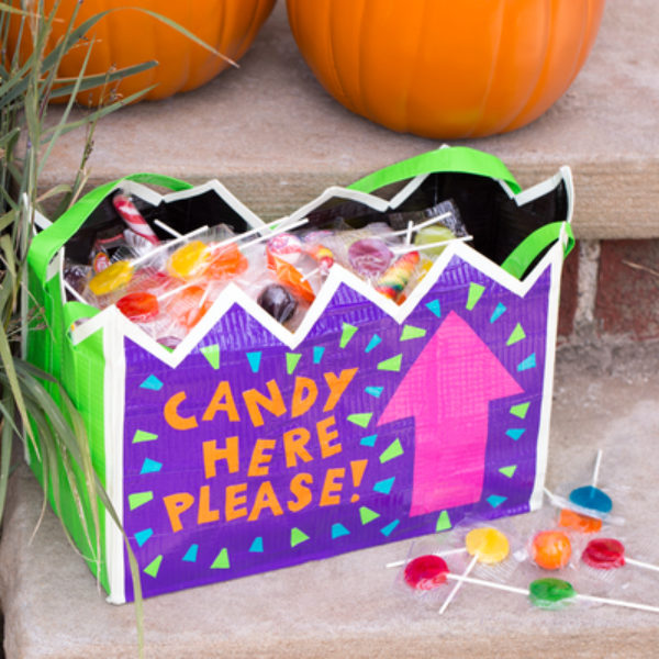 Halloween bag decorated with colored duck tape.