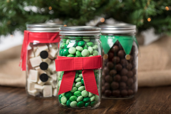 A Christmas tree decoration made form Duck Tape and a mason jar.