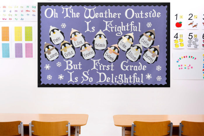 wintry scene bulletin board made from Duck Tape in school room