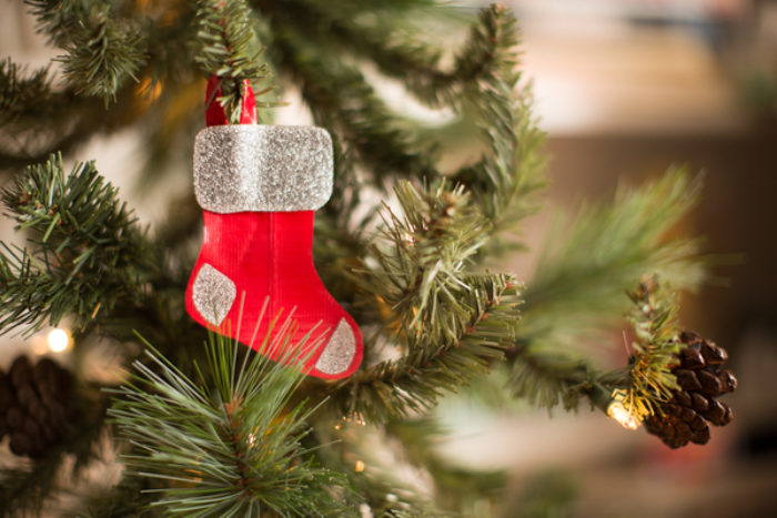 Mini stocking ornament made with red colored Duck Tape.