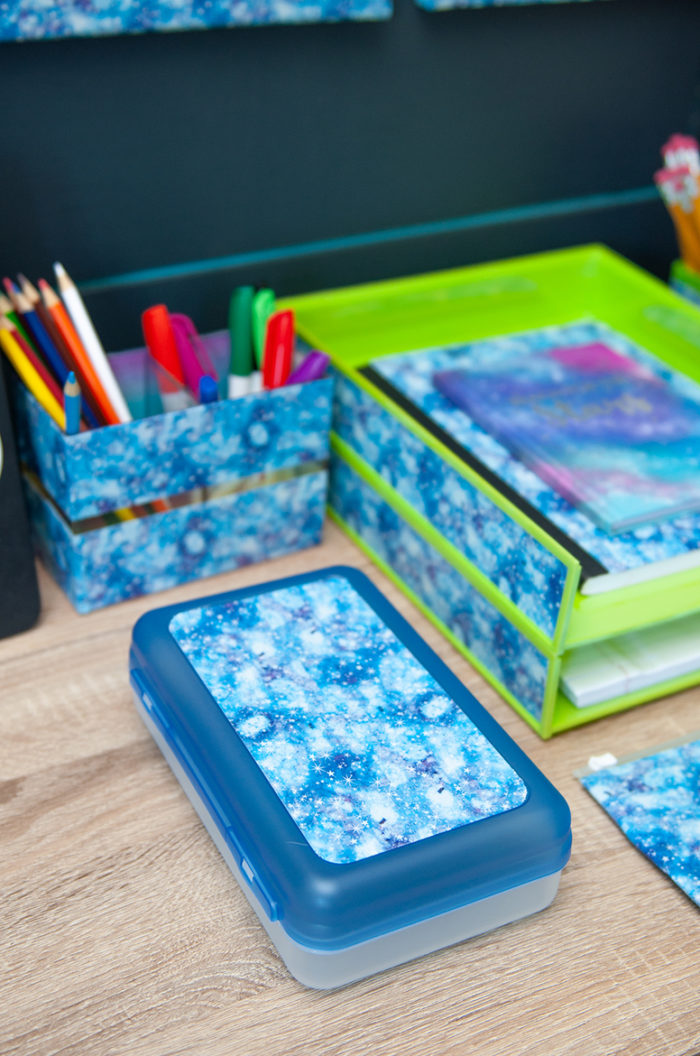 School supplies box covered with Duck Tape, by Crafts by Courtney.