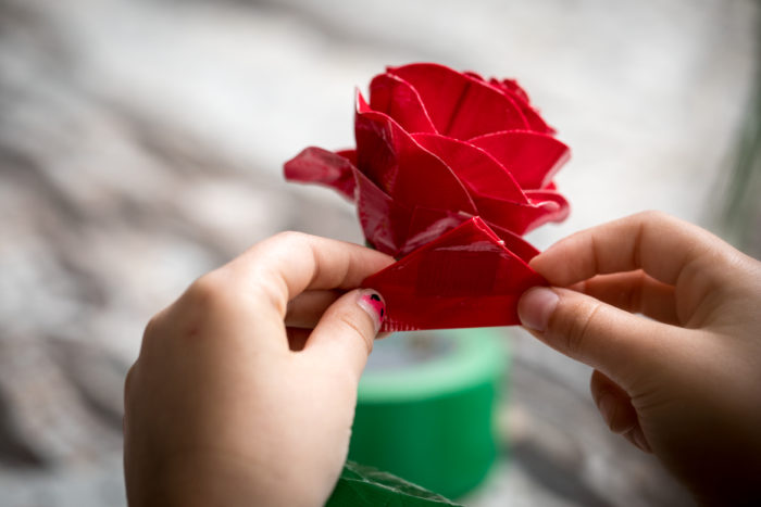 A rose made of red Duck Tape