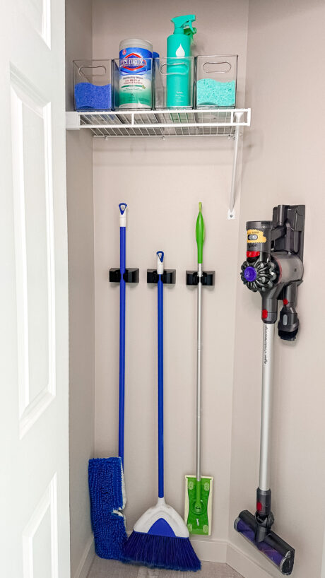 A Utility closet using the EasyMounts™ Heavy-Duty Drywall Tool Holder