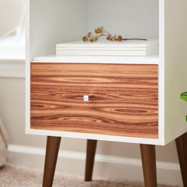 White night stand with bottom drawer covered in Oak Adhesive Easyliner