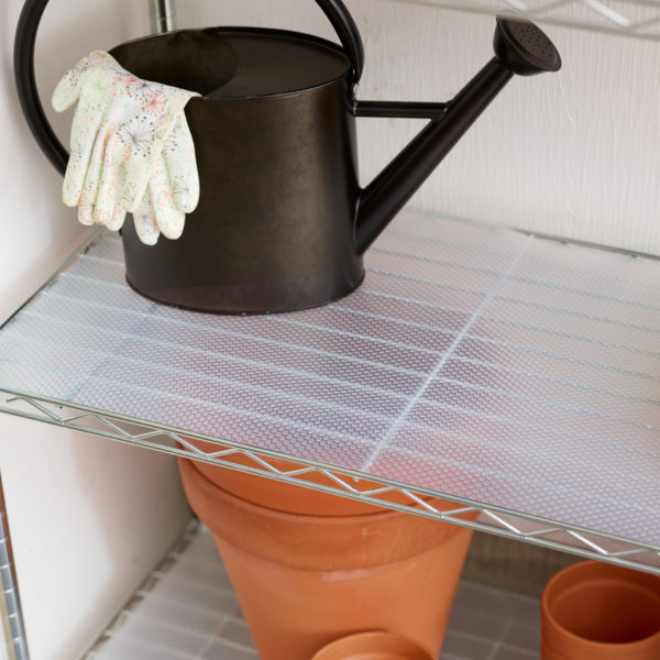 Clear Classic liner on a wire rack in a garage