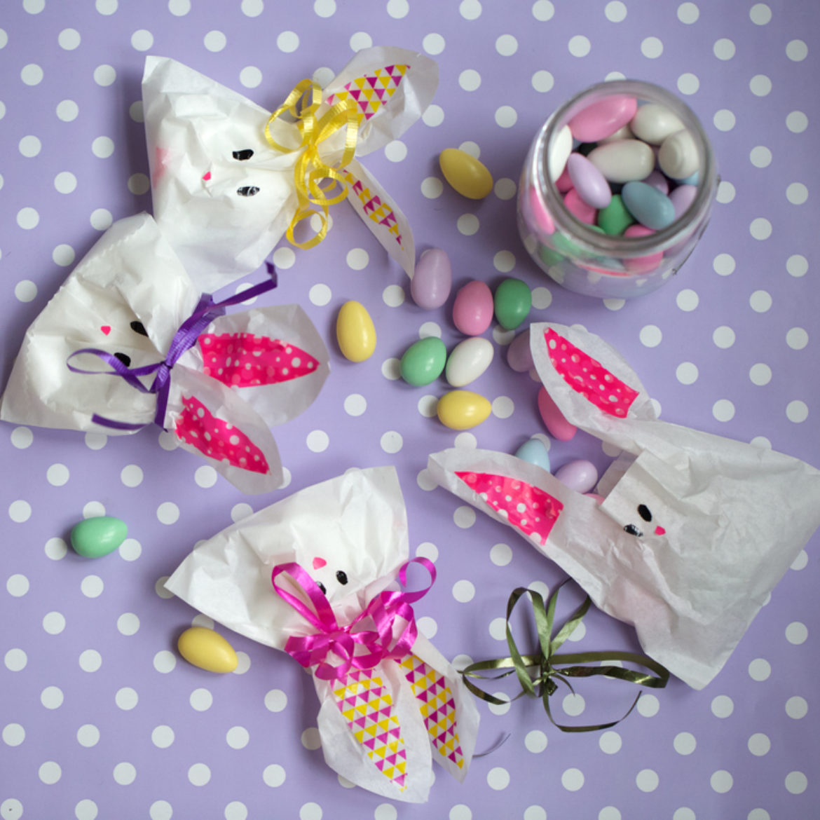 Completed Duck Tape® Bunny Treat Bag full of candy