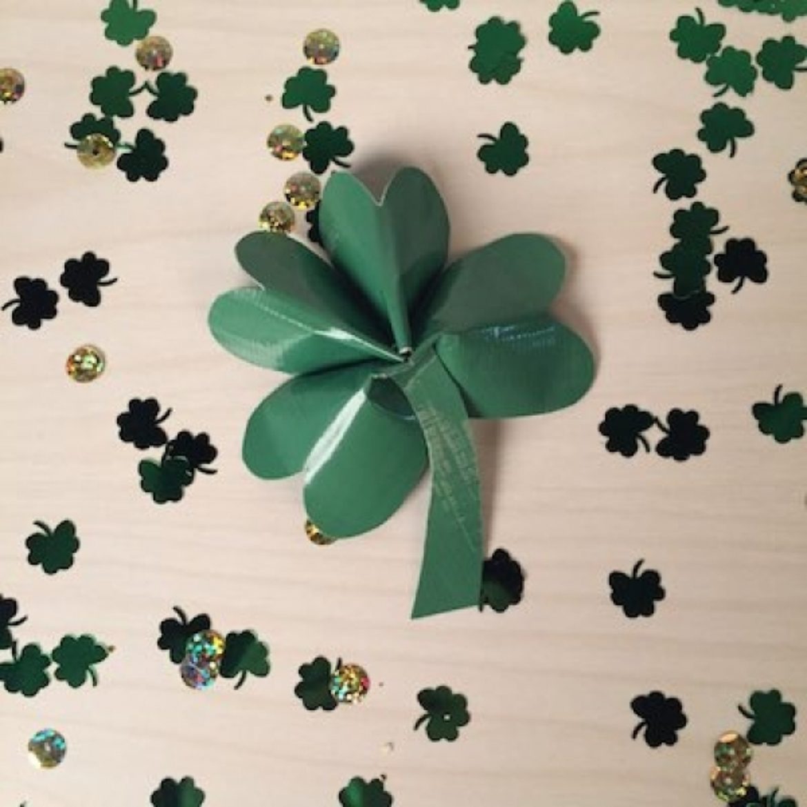 Completed Duck Tape Four-Leaf Clover  surrounded by confetti