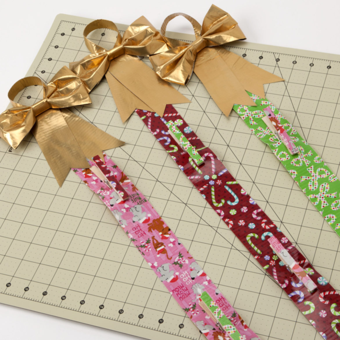 array of various color combinations in finished Duck Tape® Holiday Ribbon Card Holders
