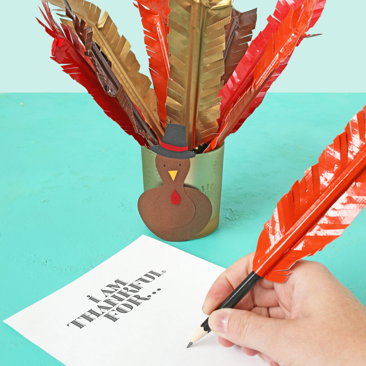 Duck tape turkey feather pencils