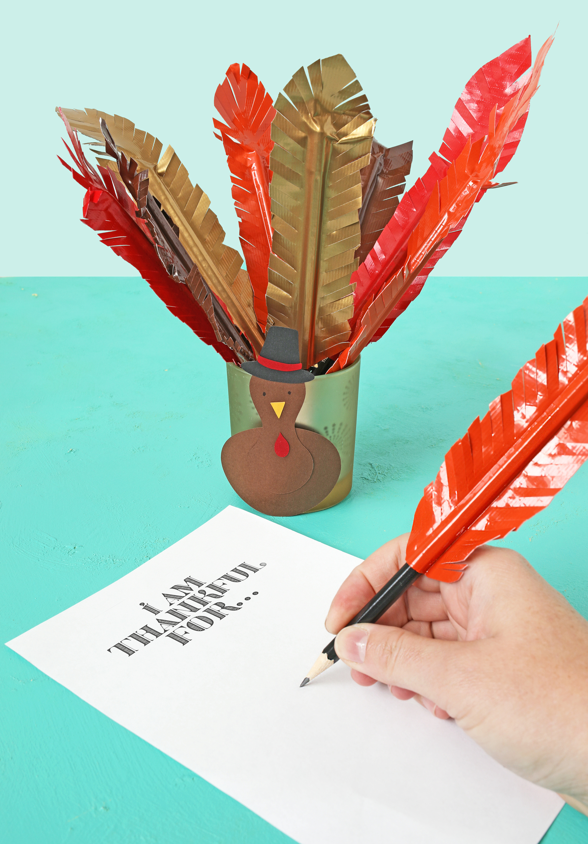 Duck tape turkey feather pencils