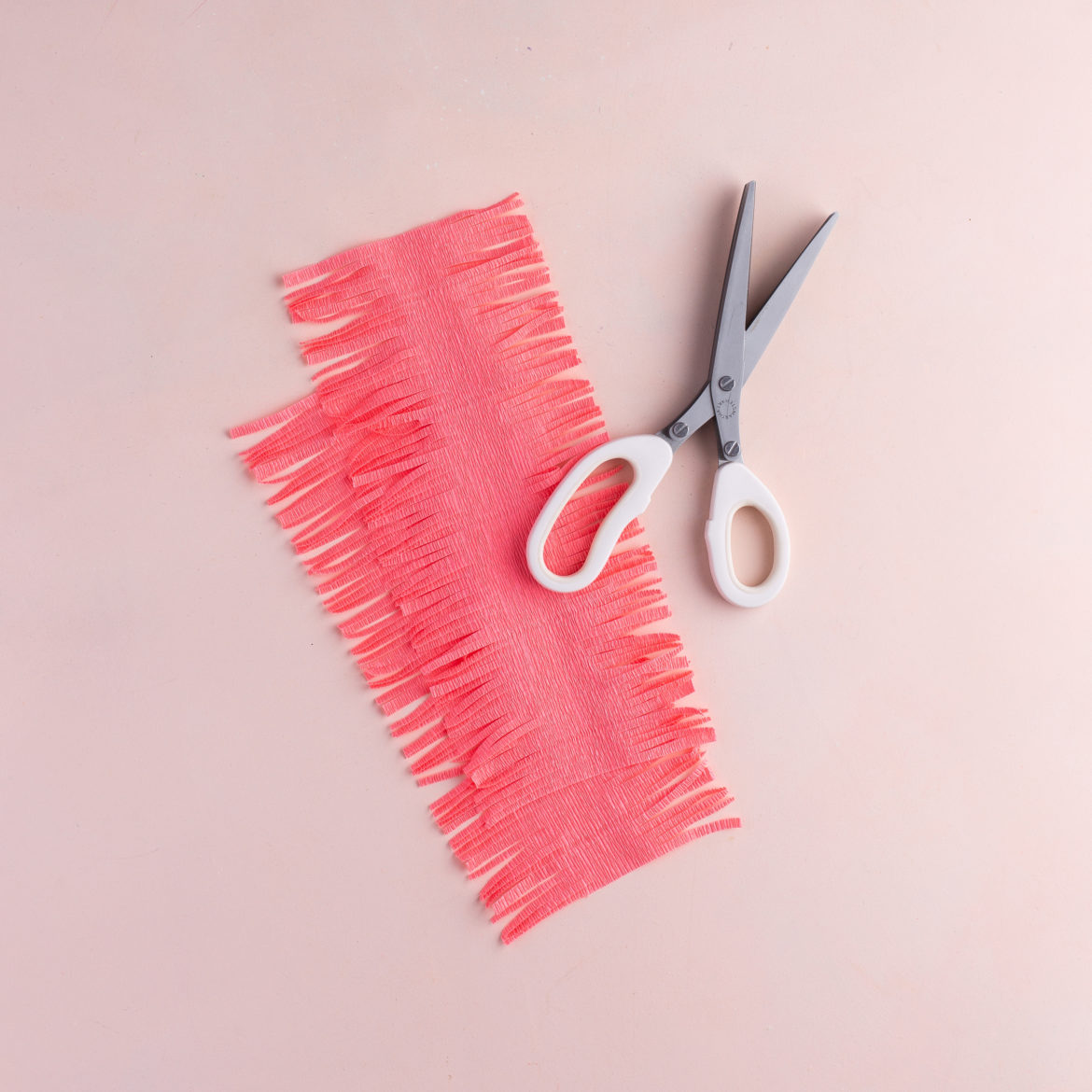 Two rectangles of crepe paper with fringes cut into both long sides of each