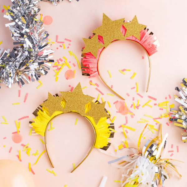 Completed New Year's Eve Headbands surrounded by confetti