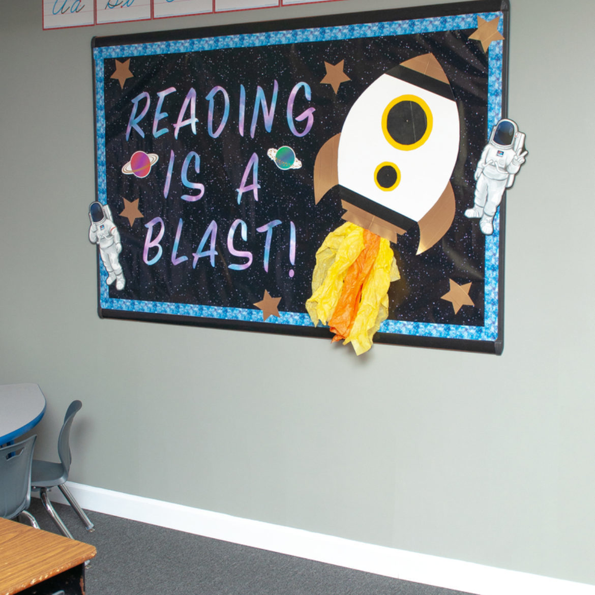 Duck Tape Rocket Ship classroom bulletin board, by Crafts by Courtney.