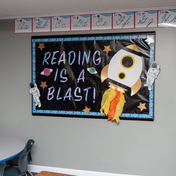 Duck Tape Rocket Ship classroom bulletin board, by Crafts by Courtney.
