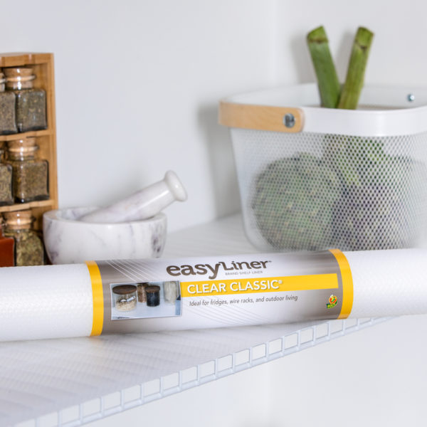 Clear Classic non-adhesive shelf liner on wire pantry shelves