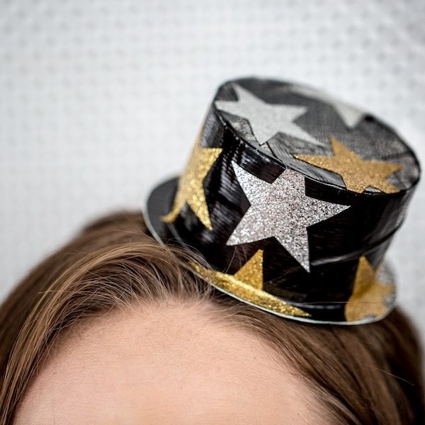 Completed Duck Tape® New Years Eve Top Hat worn by a woman