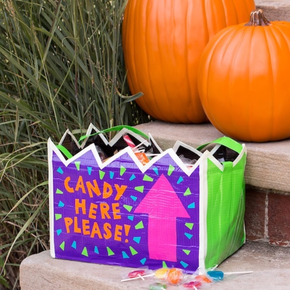 Completed Duck Tape® Trick or Treat Container full of candy